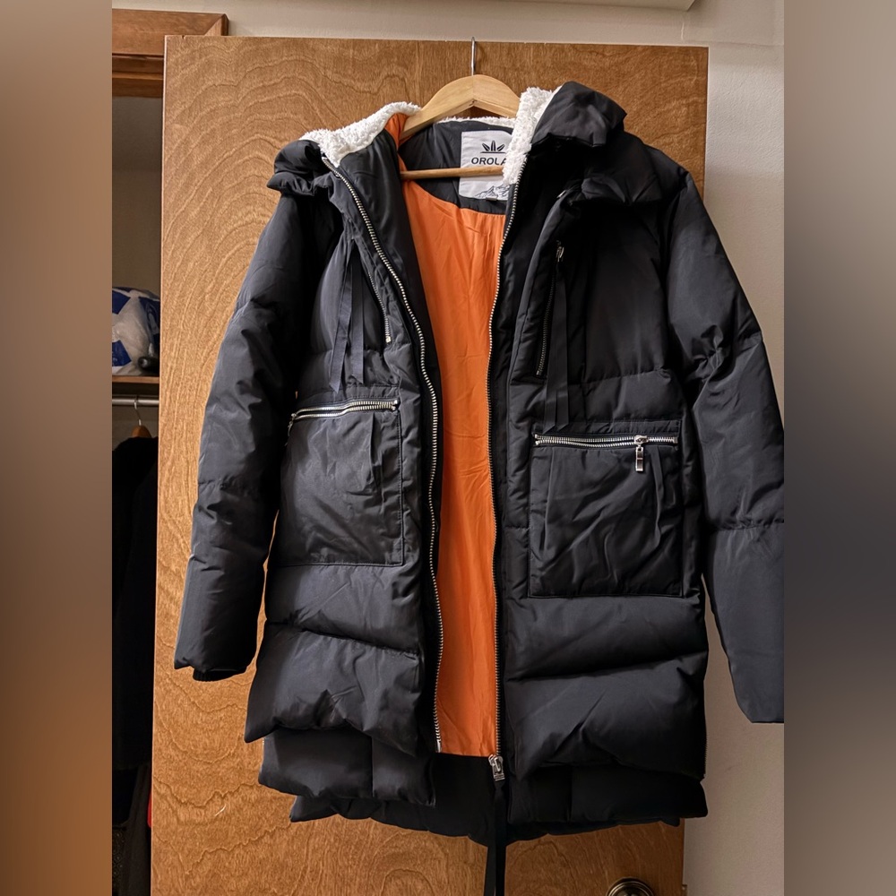 Black Quilted Puffer Coat with Orange Lining